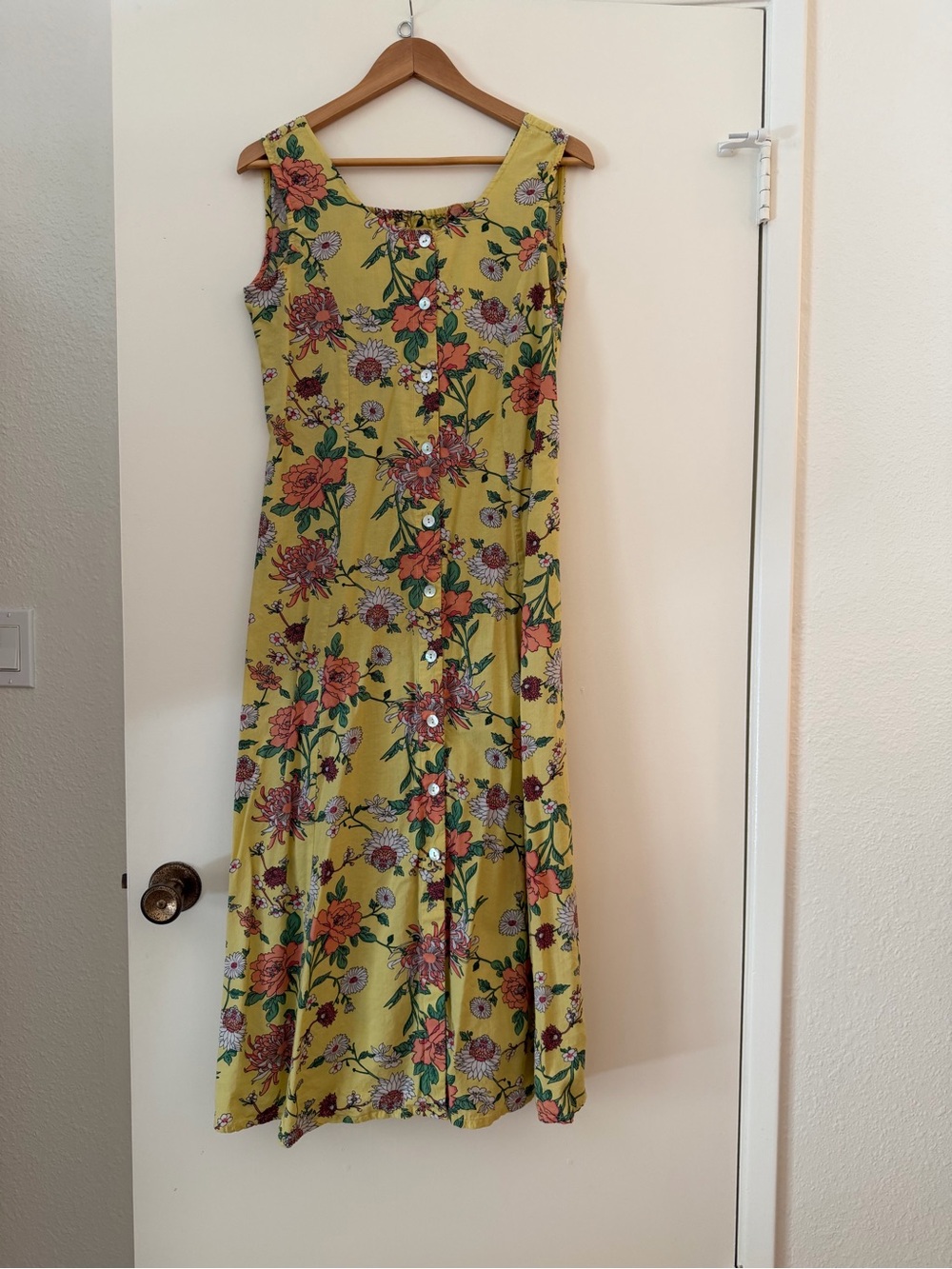 Classic Floral Button-Front Maxi Dress in Yellow and Coral